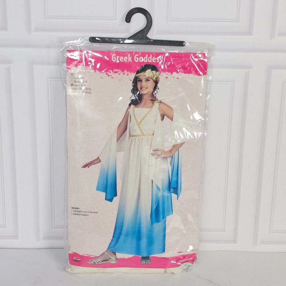 Fun World Greek Goddess Child Costume Size Large 12-14 Blue Cream Gown Vintage